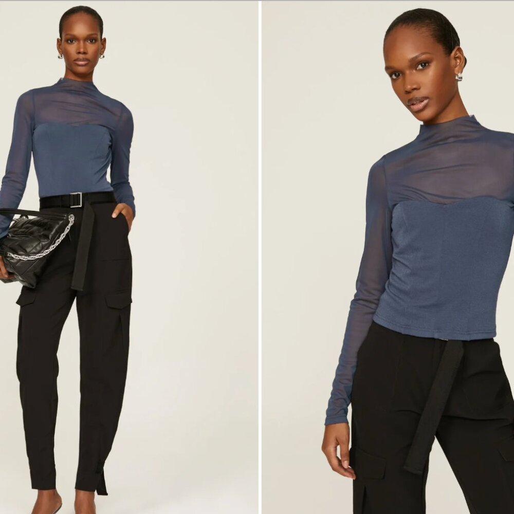 LOUNA Women's Blue Velvet Mesh Long Sleeve Top Medium
